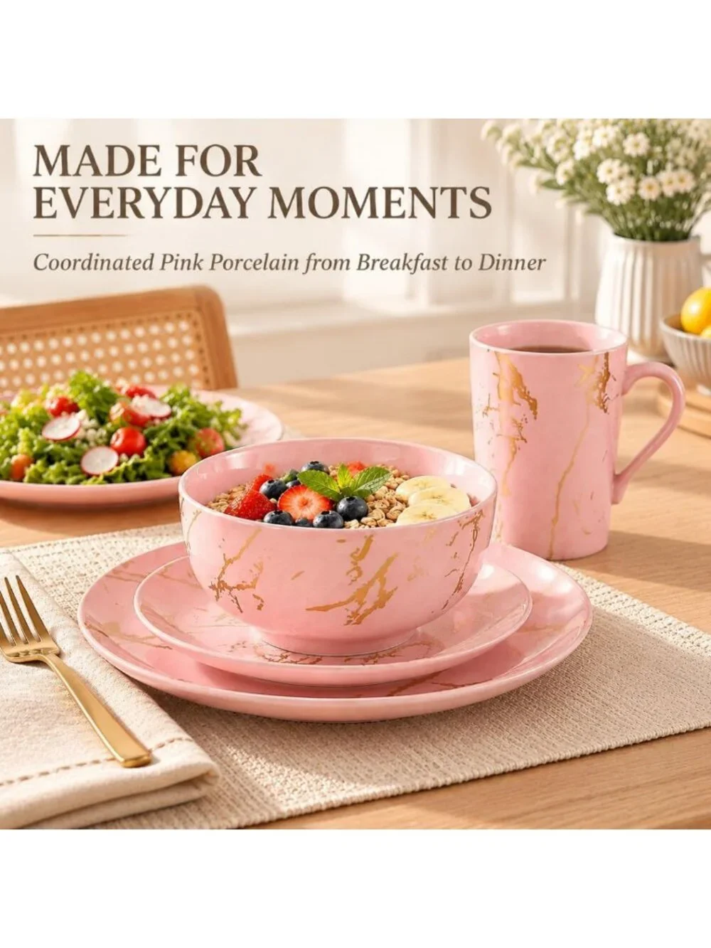 Elegant Pink Dinnerware Set for 4 | 16-Piece Porcelain with Gold Marble Accents